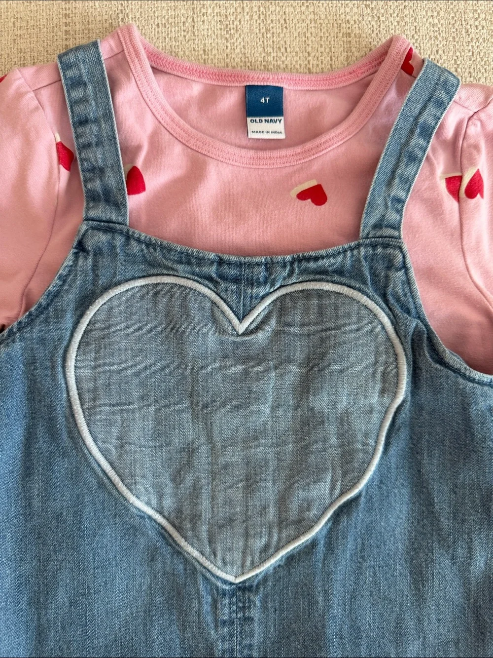 GAP Denim Heart Pinafore with Pink Heart Tee